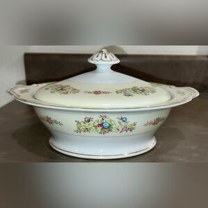 Mira China Vintage Serving Bowl & Lid Floral w Gilt Trim 40-50s Occupied Japan